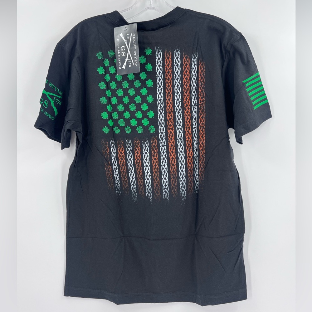 Grunt Style Black T-Shirt with Green Shamrock American Flag Graphic